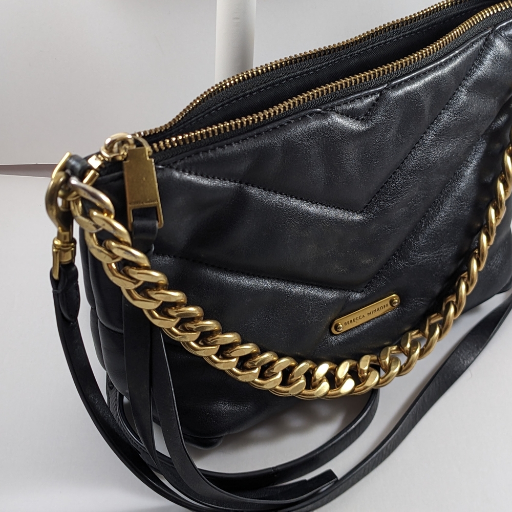 Rebecca Minkoff Black Quilted Leather Edie Crossbody with Gold Chain - Picture 6 of 16